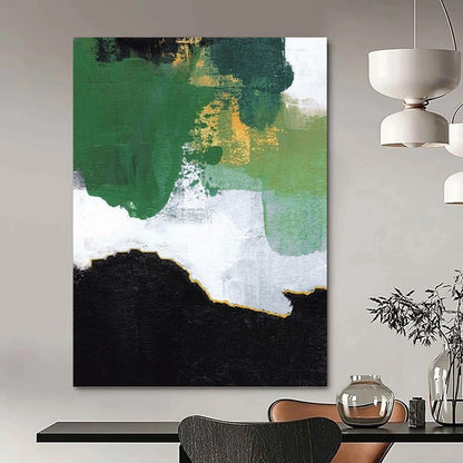 “Green, Gold & Black Abstract Layers” - Green, Gold, Black & White Abstract Painting On Canvas DKH1222