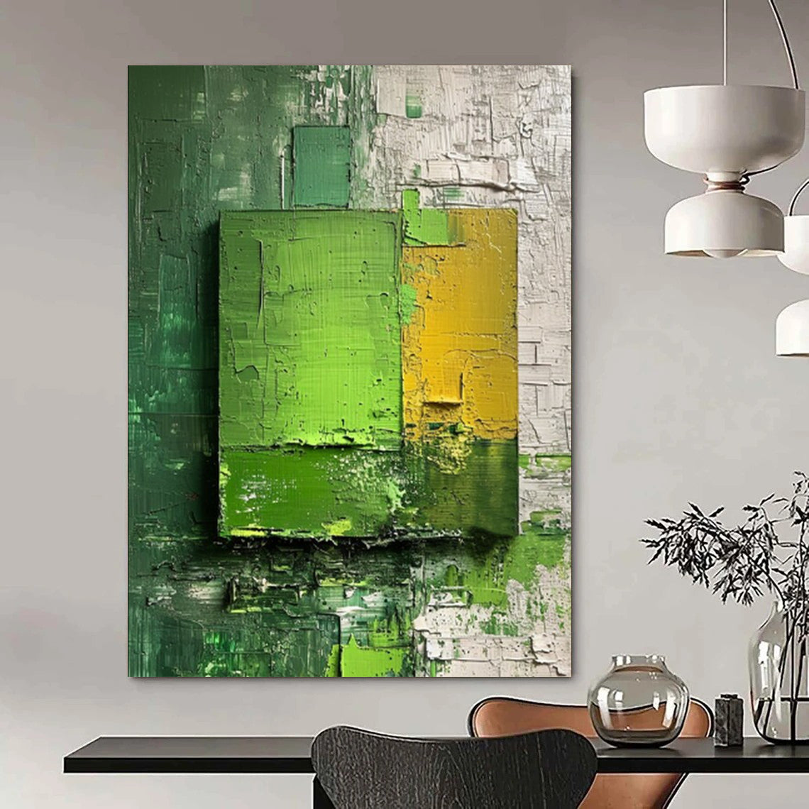 “Green - Yellow Layered Squares” - Impasto Abstract Painting On Canvas DTP030