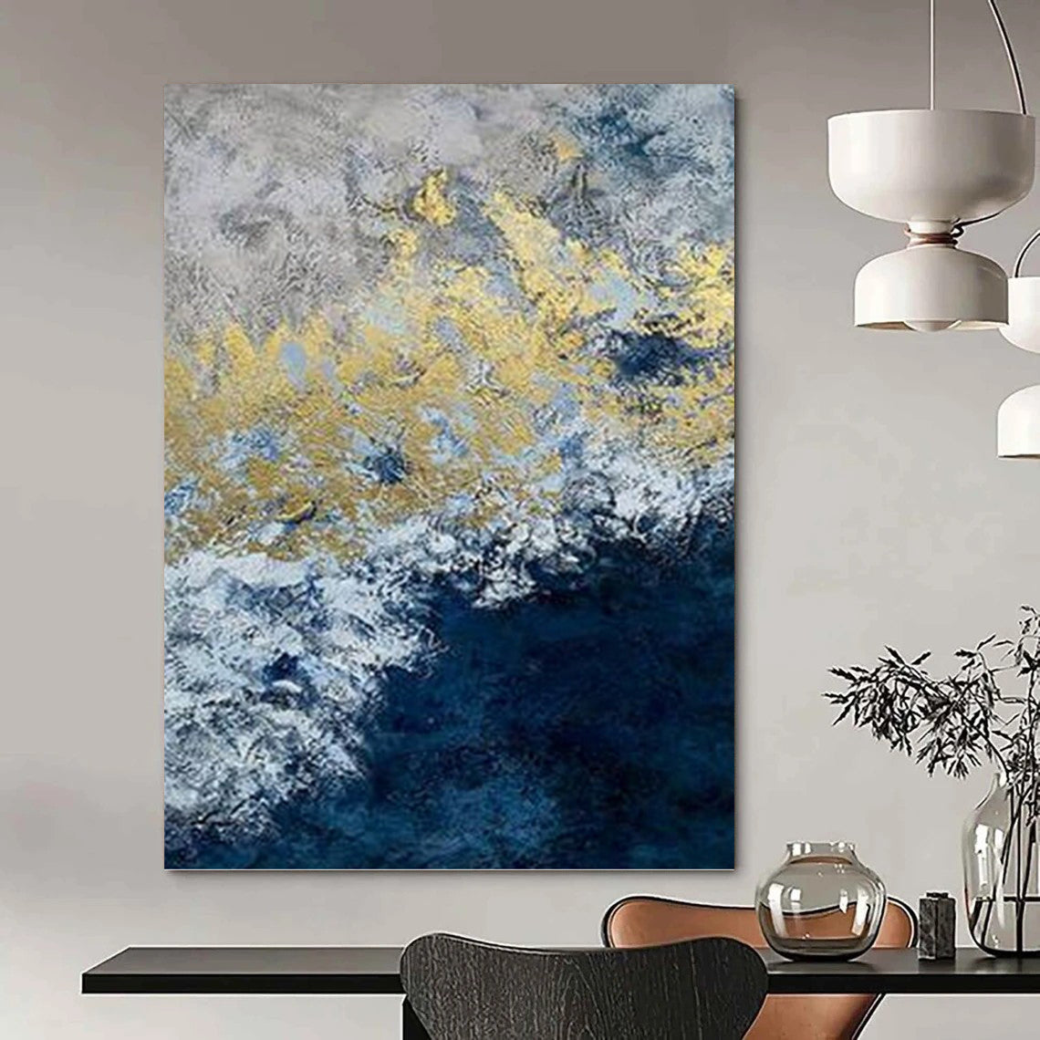 “Gold - Blue Waves” - Blue, Gray & Gold Abstract Ocean - Inspired Painting On Canvas DKH1549