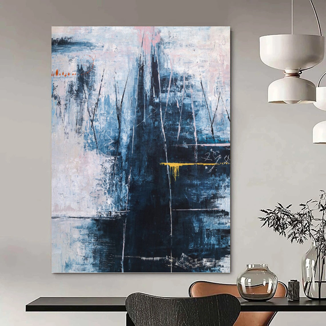 “Blue - Dominant Abstract with Textured Layers and Yellow Accent” - Moody Abstract Painting On Canvas DKH1111