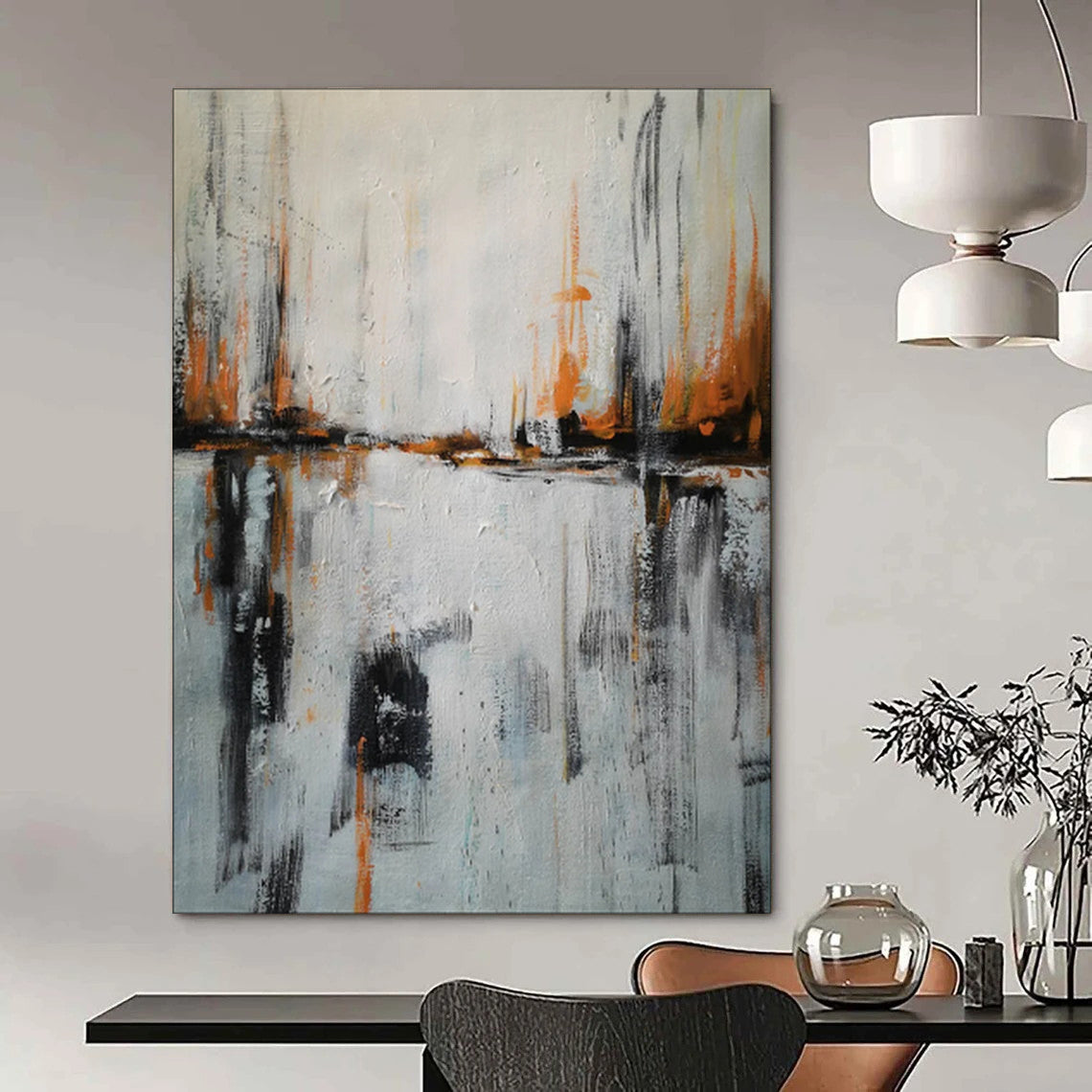 “Gray - Orange Strokes and Water Reflections” - Abstract Urban Waterscape Painting CT1973