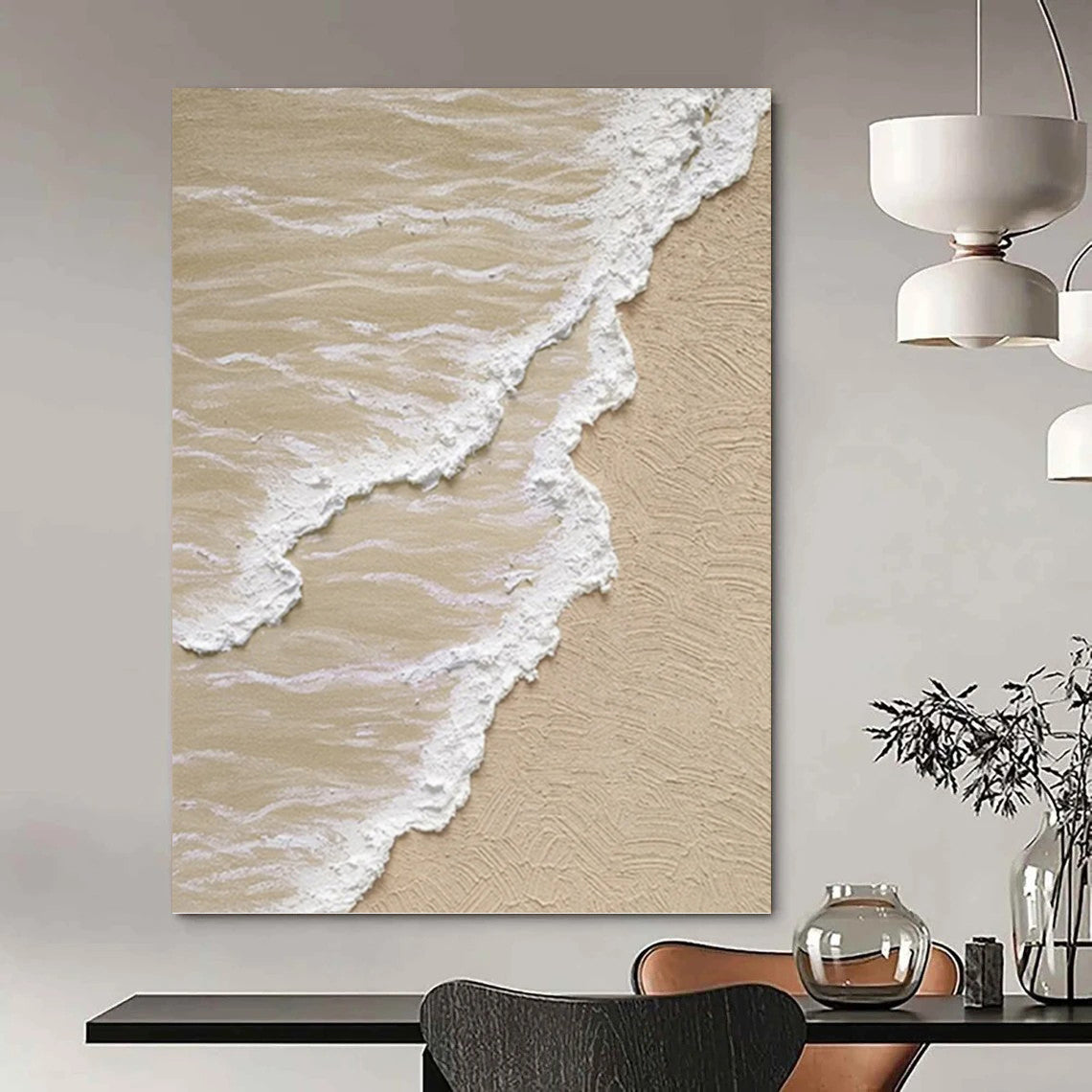 Beige and White Textured Seashore Painting On Canvas DKH1143