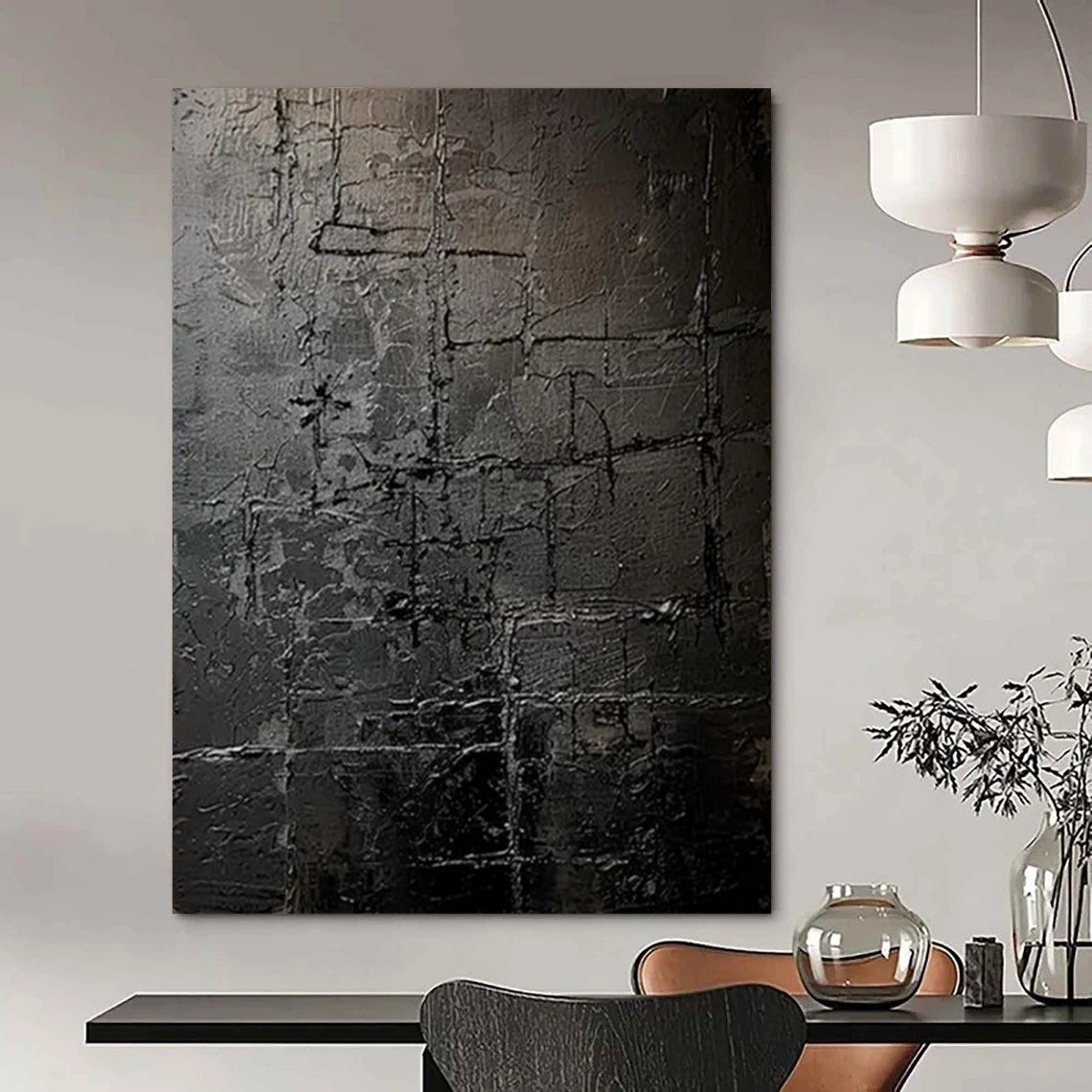 “Textured Black Grid Abstract” - Abstract Painting CT2363