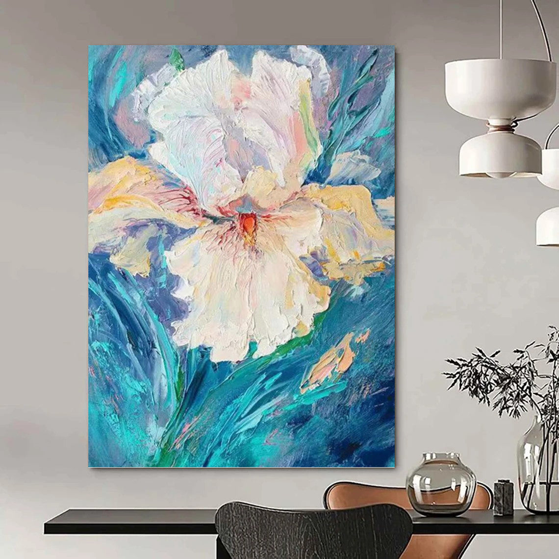 “Textured White Flower on Blue” - White, Pink & Blue Impasto Floral Painting On Canvas DKH0942