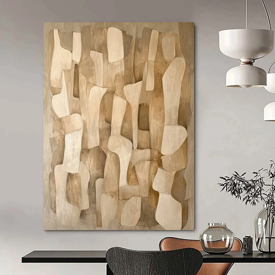 “Beige Abstract Shapes” - Modernist Geometric Painting On Canvas DTP021