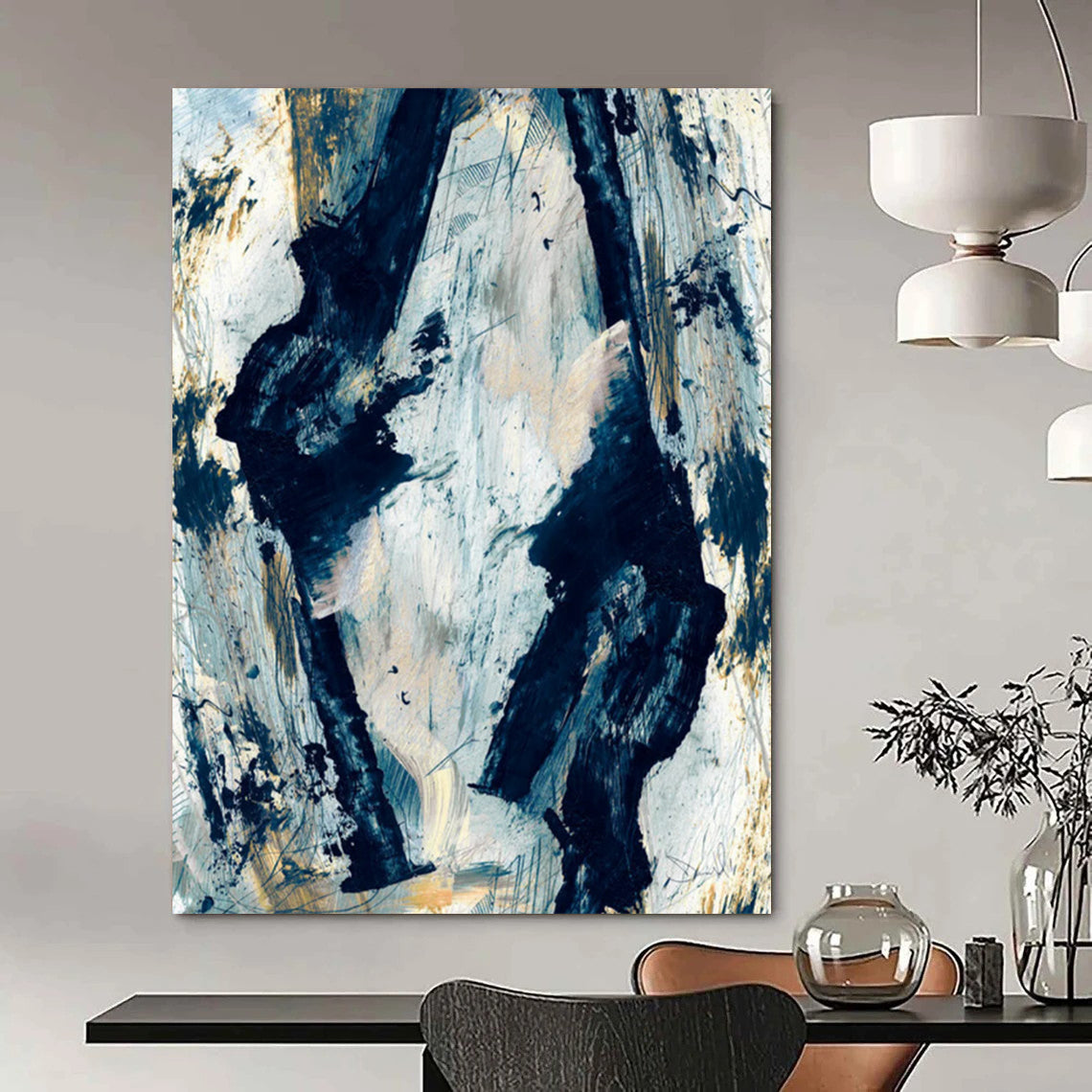 “Blue and Gold Abstract Forms” - Blue, Gold, White Abstract Painting On Canvas DTP244