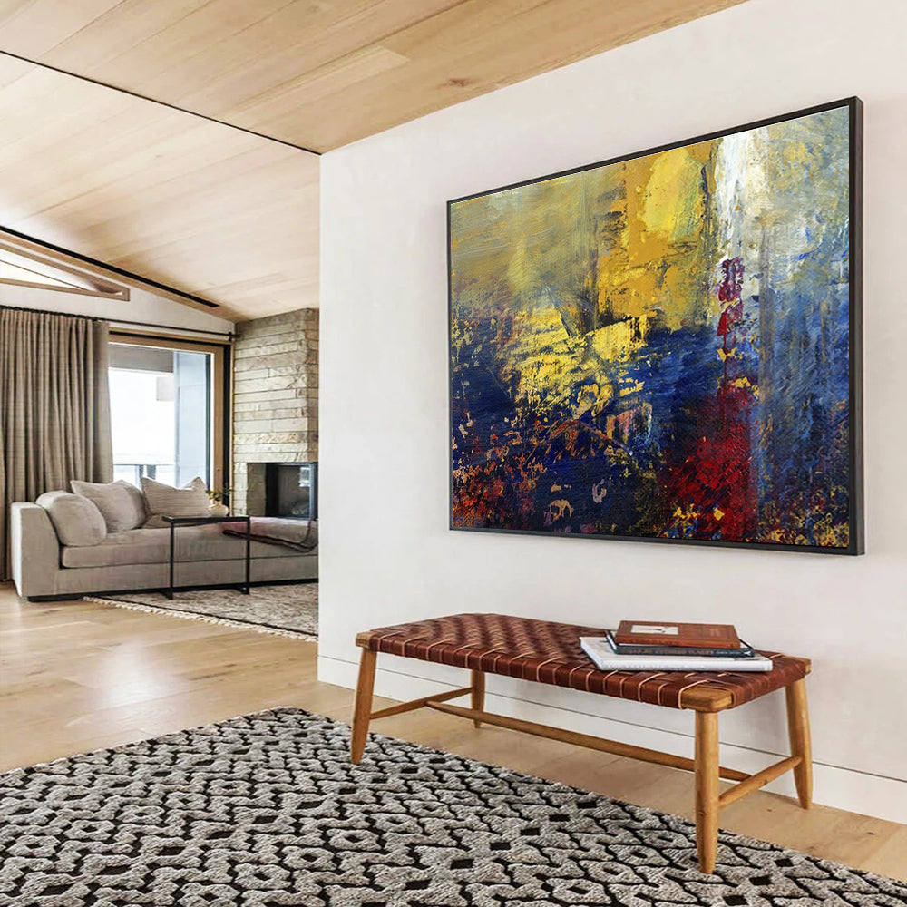 “Golden Dusk Abstraction” - Gold, Blue, Red Abstract Oil Painting On Canvas DKH722