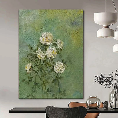 “White Roses on Green” - Textured Floral Painting CT1987