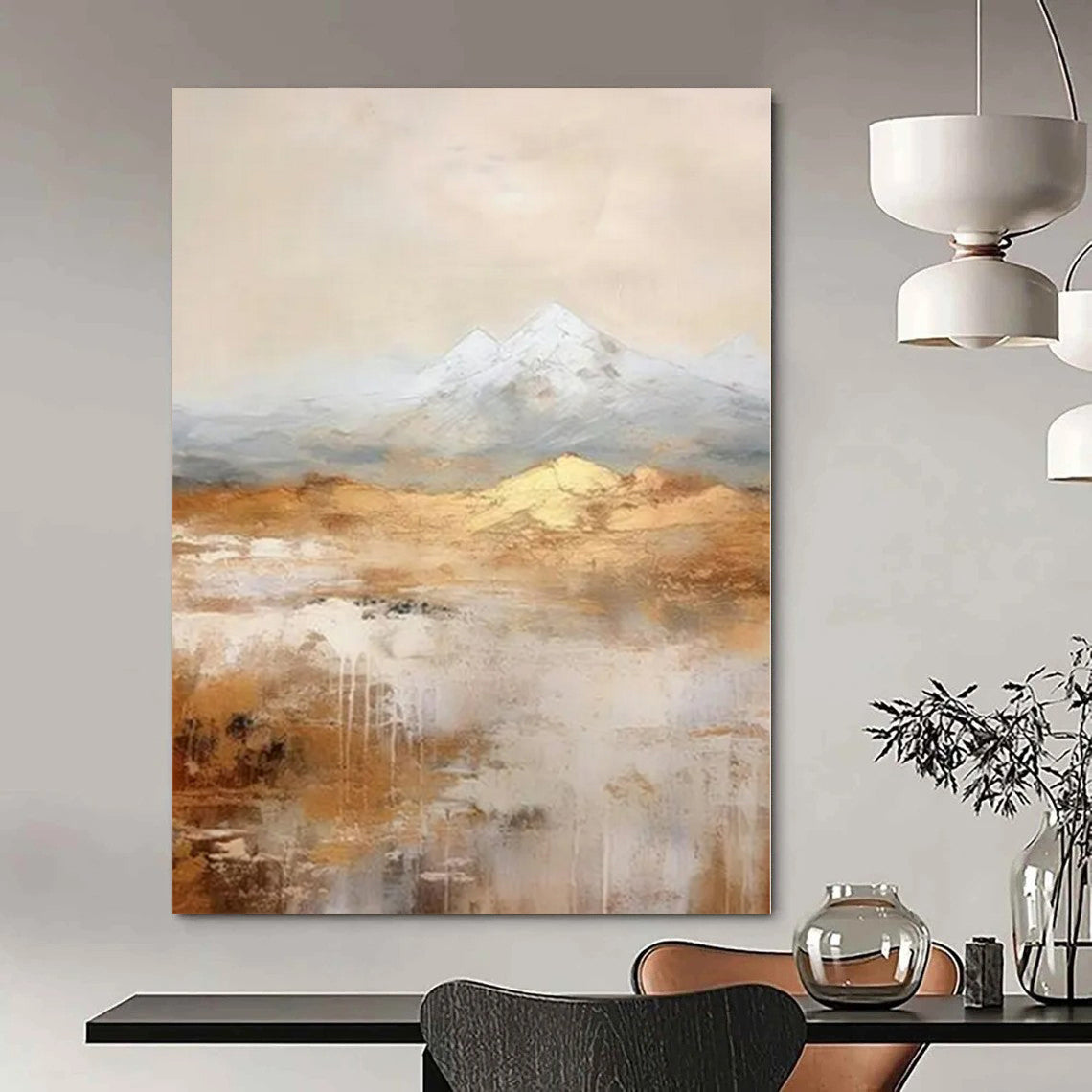 Golden Desert and Snowy Peaks - Abstract Landscape Oil CT1219