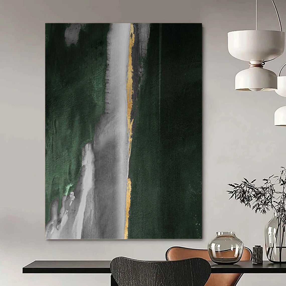 “Green, Gray & Gold Abstract Drips” - Green, Gray, Gold & Black Abstract Painting On Canvas DKH1203