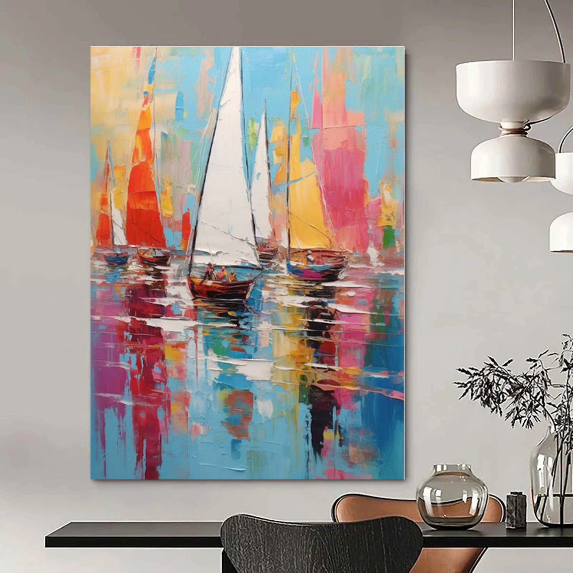 Colorful Sailboats - Impressionist Oil Painting CT1278