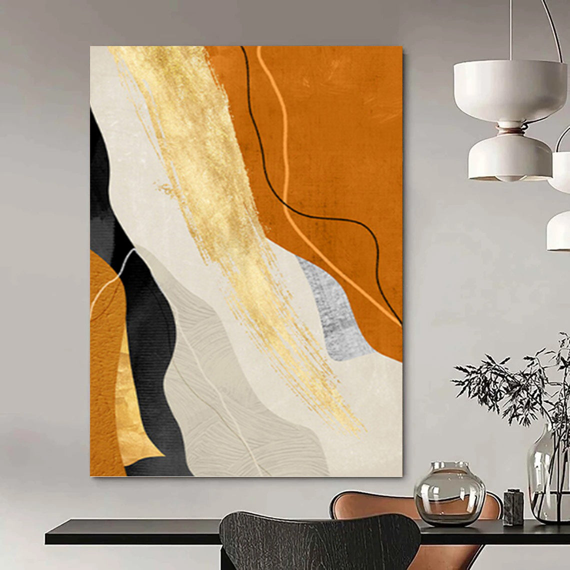 “Golden Flow” - Orange, Gold & Neutral Abstract Curves Painting On Canvas DKH1517
