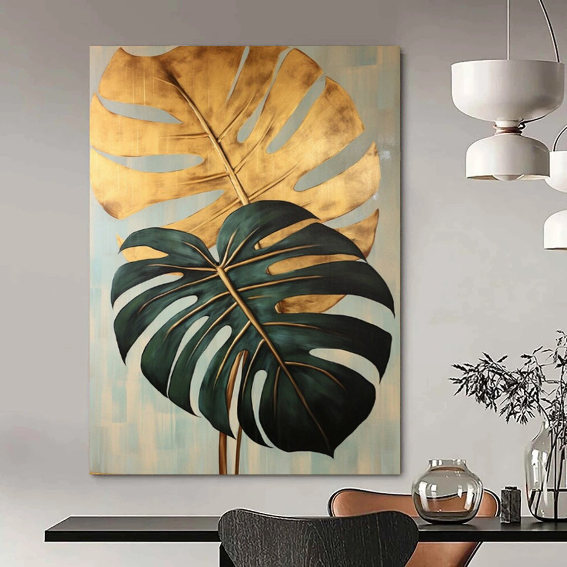 “Gilded Monstera Leaves” - Gold & Green Monstera Leaves Painting On Canvas CT2195