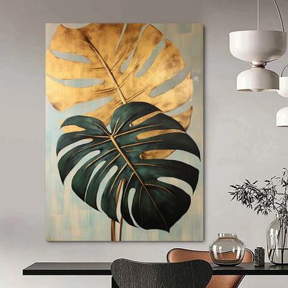 “Gilded Monstera Leaves” - Gold & Green Monstera Leaves Painting On Canvas CT2195