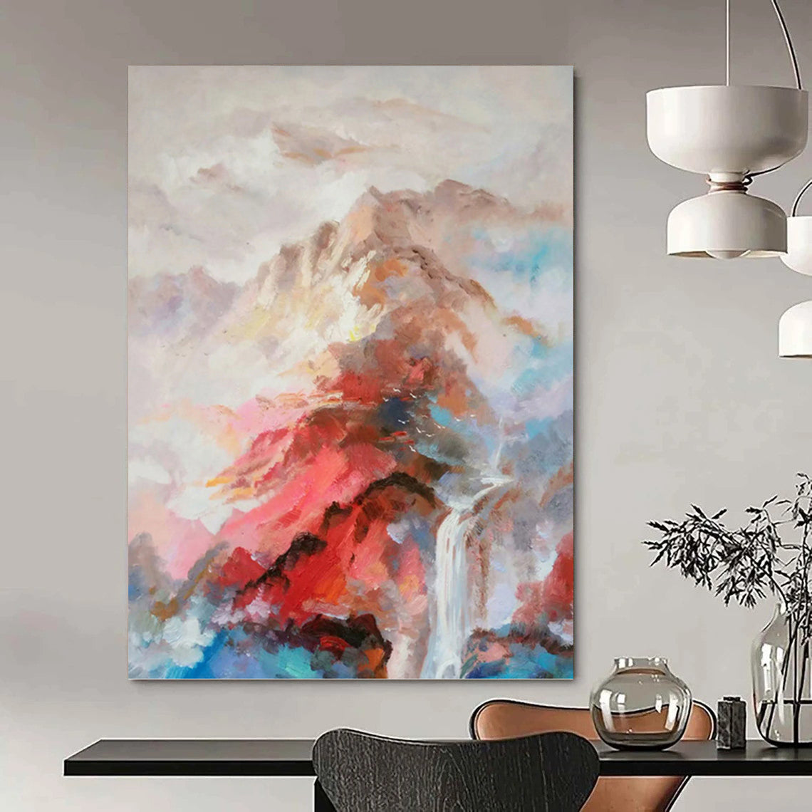 Colorful Mountain and Waterfall Landscape - Expressive Landscape Painting On Canvas DKH1348