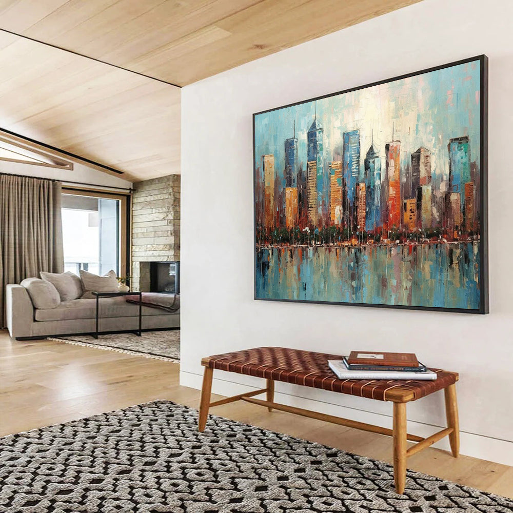 “Colorful Cityscape Reflection” Cityscape Painting On Canvas DLZ077
