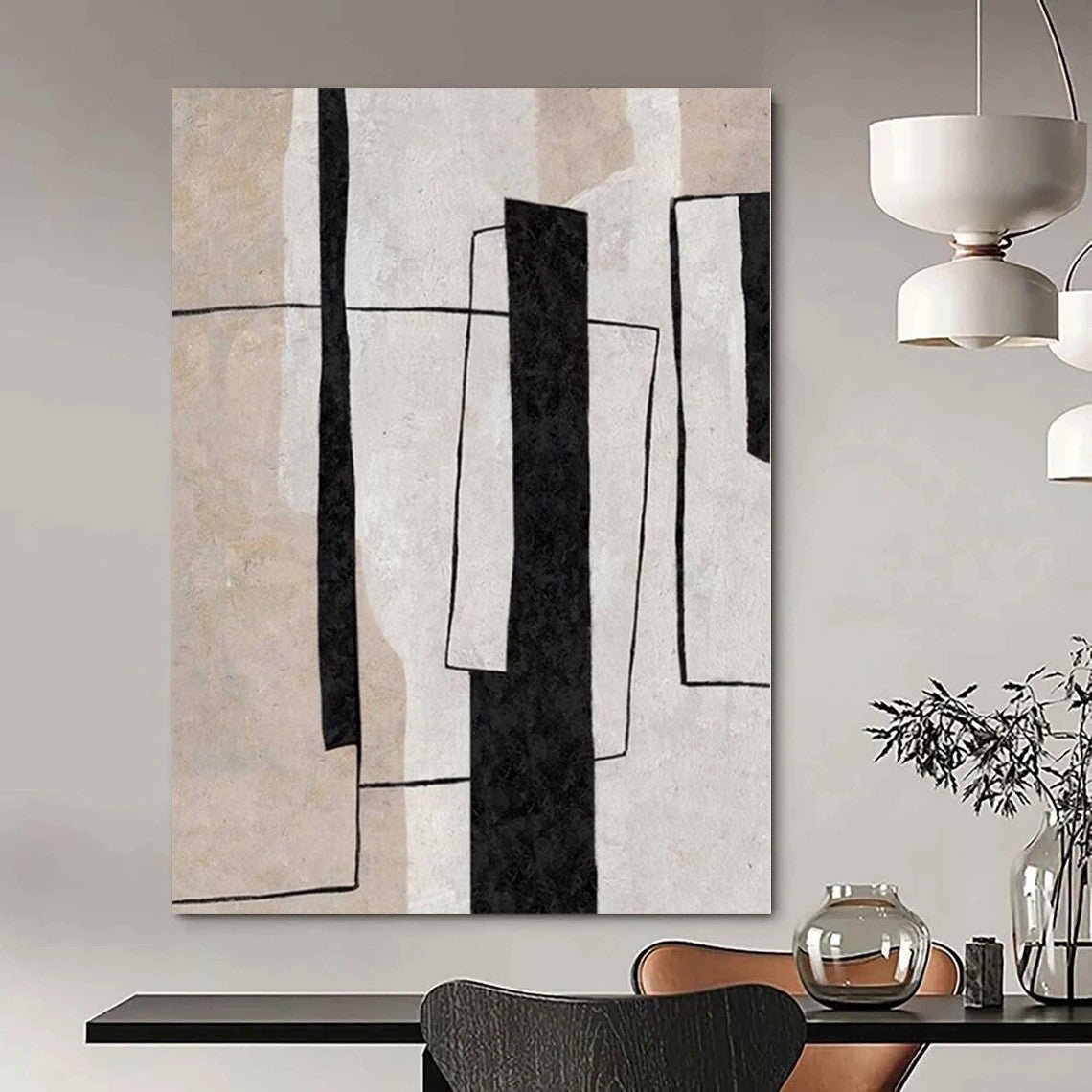 “Black - Beige Geometric Forms” – Abstract Geometric Painting CT1103