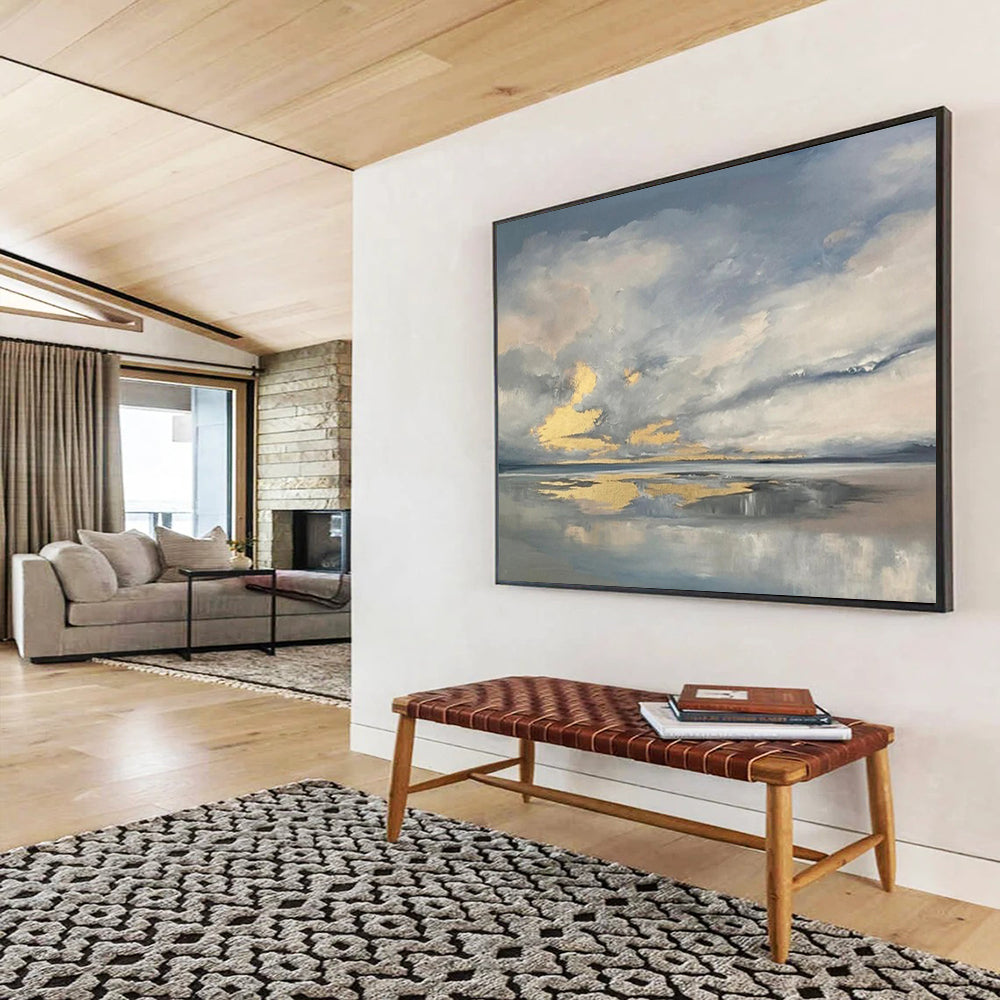 “Cloudy Sky Reflections” - Gray, Gold & Blue Atmospheric Landscape Painting On Canvas DLZ253