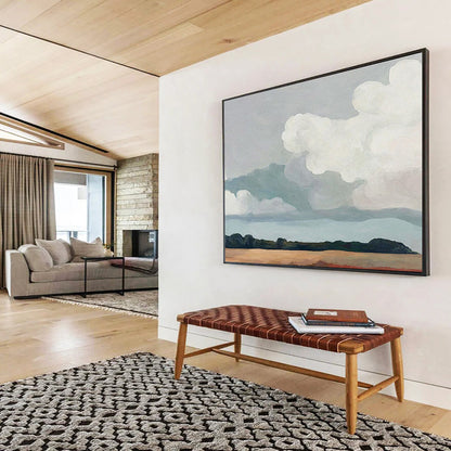 “Soft Clouds Over Earthy Field” - Minimalist Landscape Painting On Canvas DKH793
