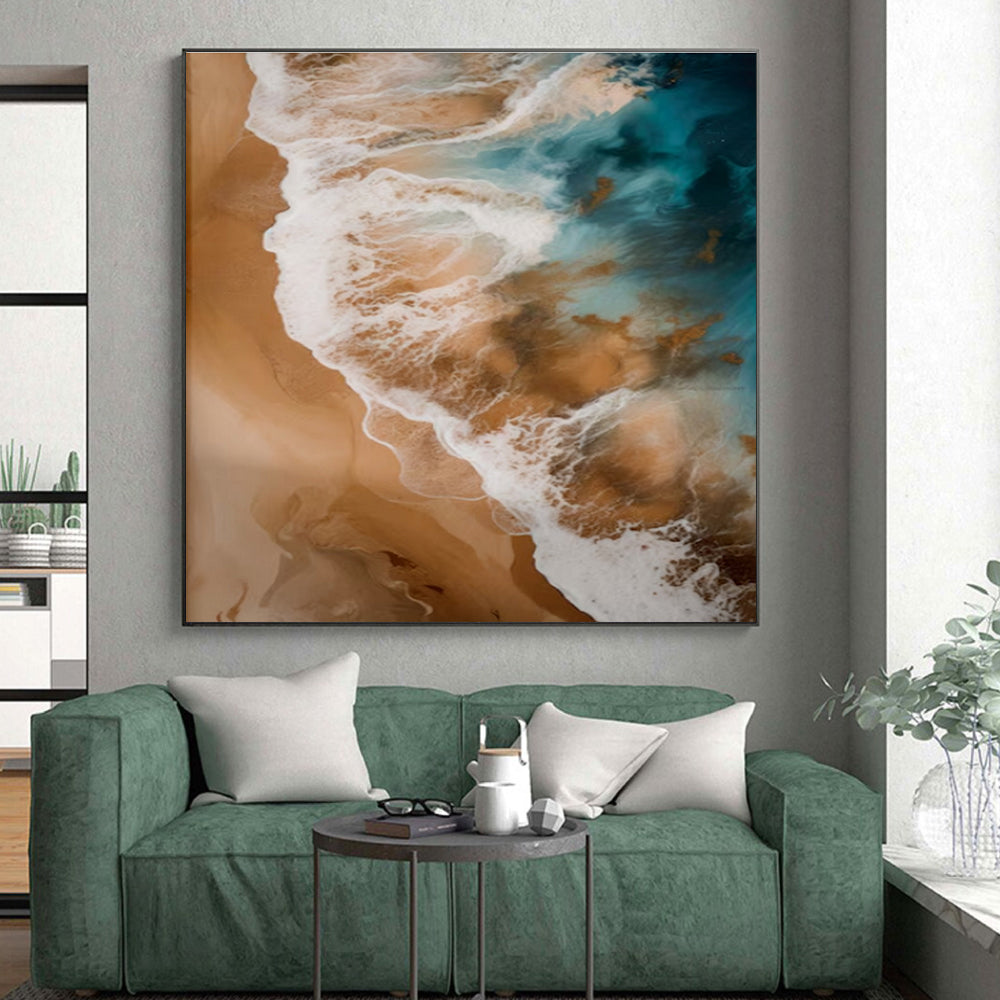 Blue, Beige & White Ocean Waves, “Seaside Rhapsody” - Fluid Acrylic Seascape Painting CT0766