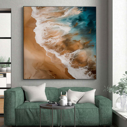 Blue, Beige & White Ocean Waves, “Seaside Rhapsody” - Fluid Acrylic Seascape Painting CT0766