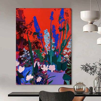 “Blue Flowers on Red” - Pop Art - Inspired Floral Painting On Canvas DTP100