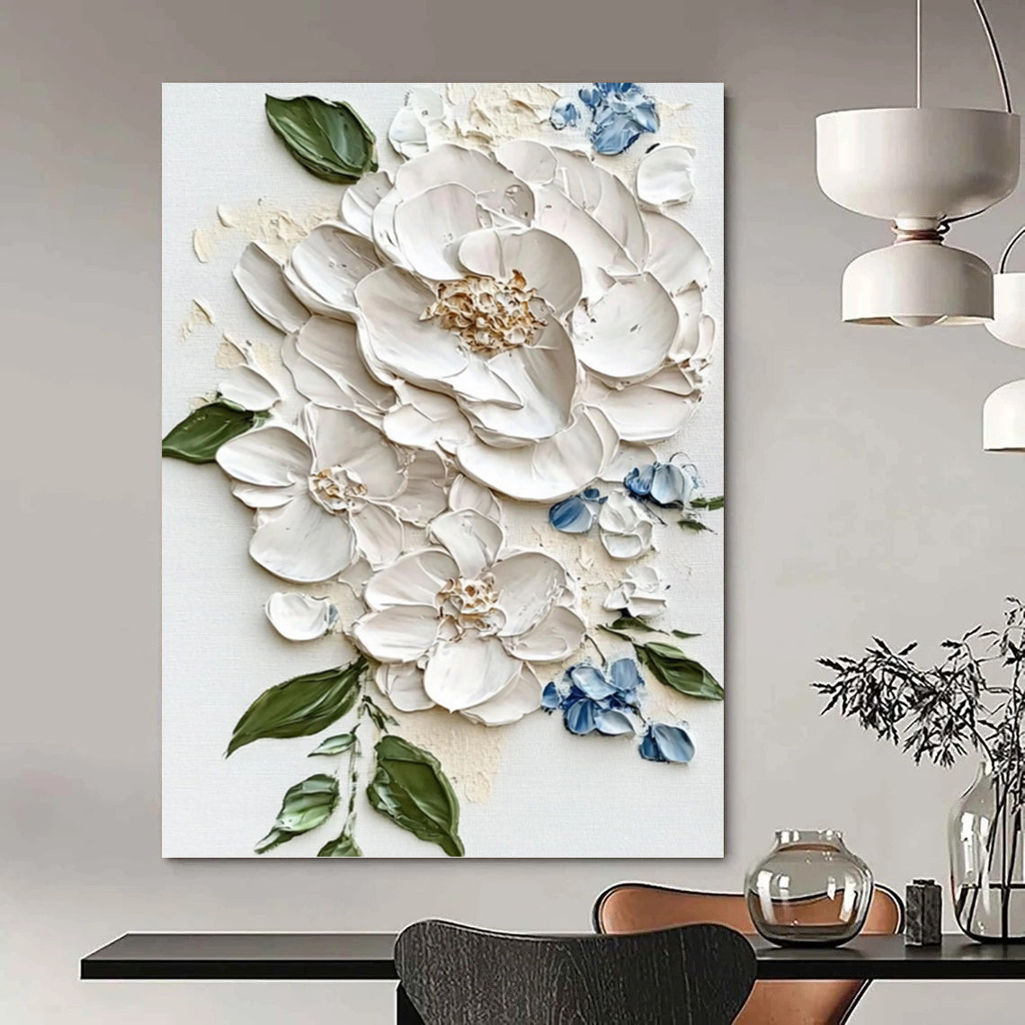 White Peony and Blue Accent Impasto - Textured Floral Painting On Canvas DKH1388