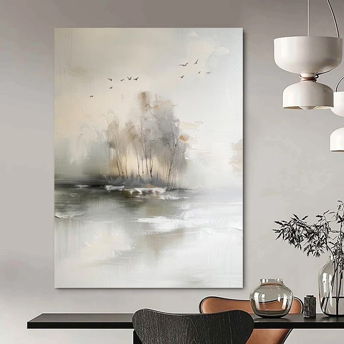 “Serene Misty Landscape” - Soft Gray, Beige & White Abstract Nature Painting On Canvas DKH1190