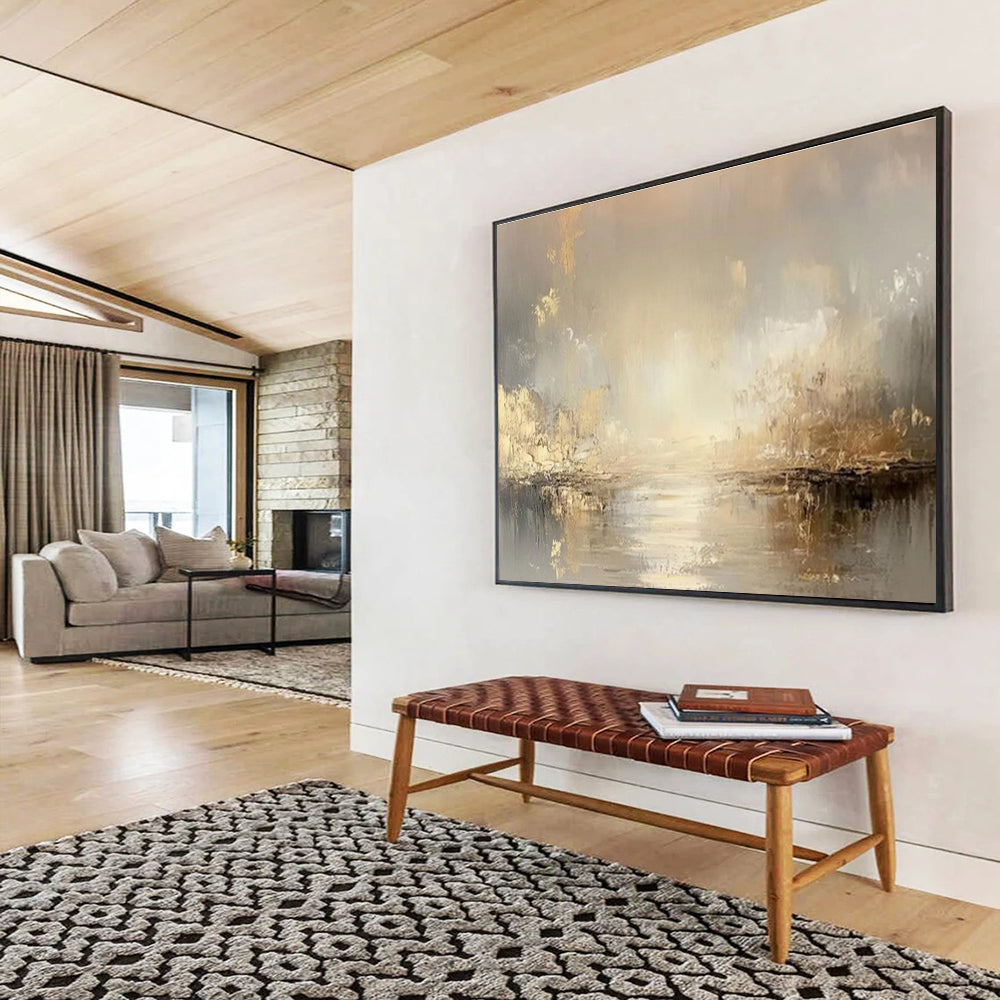 Gold Accent River Landscape Painting On Canvas DKH323