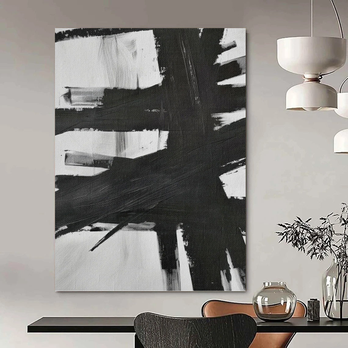 Black & White Bold Strokes - Dynamic Clash Painting On Canvas DKH1154