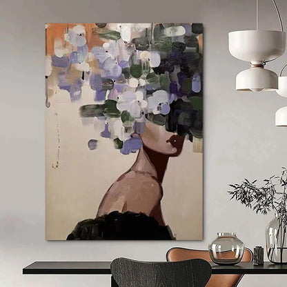“Flower - Headed Figure” - Purple, Green, Beige Figurative Painting On Canvas DTP309