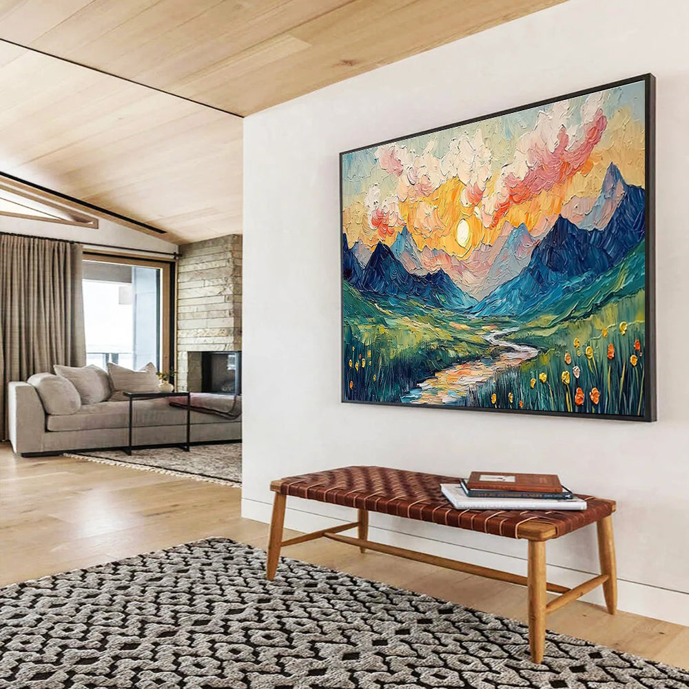 “Impasto Mountain Sunset” - Textured Landscape Painting On Canvas DKH856