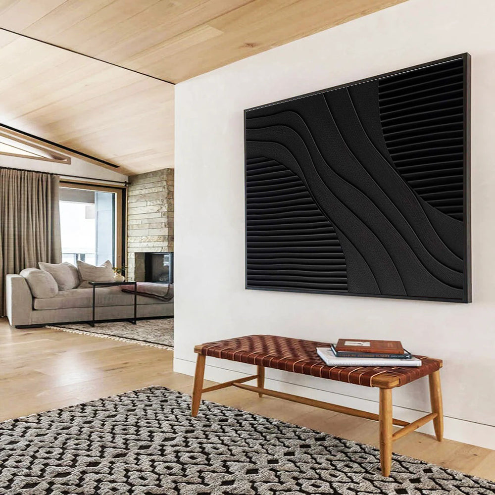 Black and White Textured Abstract “Curved Textured Contrast” Painting On Canvas DKH098