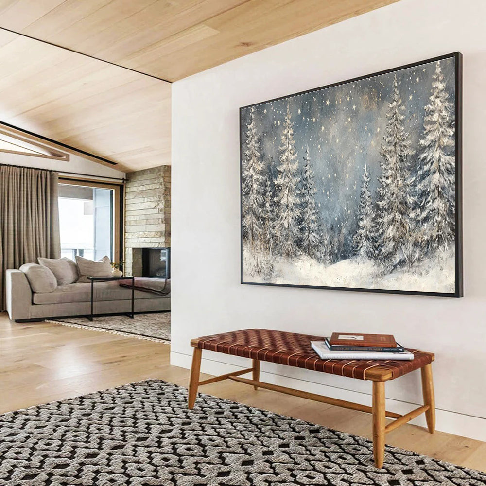 “Snowy Forest Starry Night” - Enchanting Winter Painting On Canvas DKH810