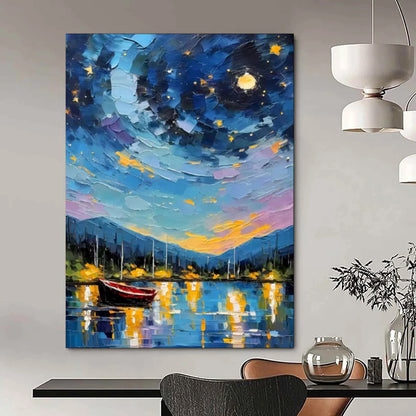 “Starry Night Harbor” - Impasto Landscape Oil on Canvas CT1886