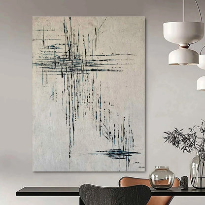 Beige with Blue Dripping Lines - Abstract Expressionist Acrylic On Canvas CT1315