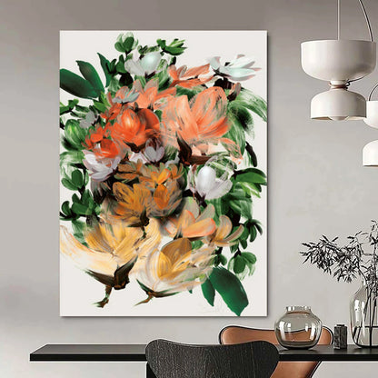 “Lush Floral Bouquet” - Orange, Green, White Abstract Painting On Canvas DTP217