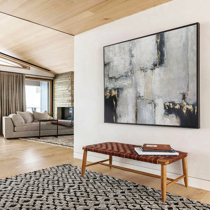 “Gray, Black & Gold Geometric Abstraction” Abstract Textured Painting On Canvas DKH351