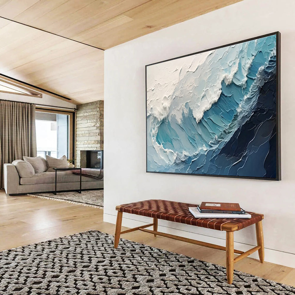 Textured Ocean Waves - Blue & White Impasto Sea Painting On Canvas DKH872