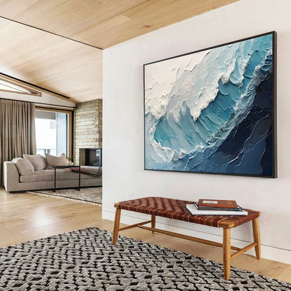 Textured Ocean Waves - Blue & White Impasto Sea Painting On Canvas DKH872