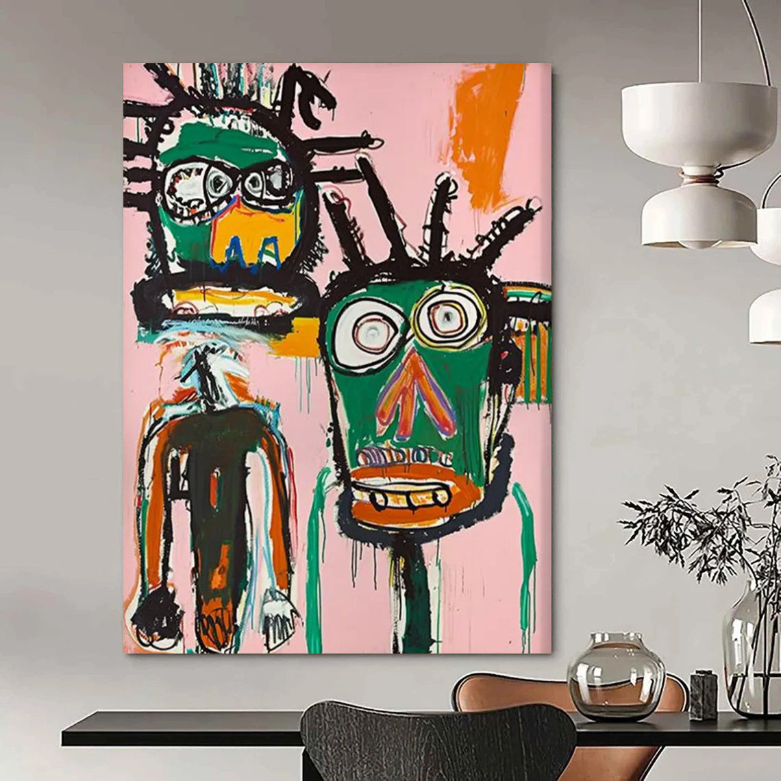 “Dual Tribal Figures on Pink” - Basquiat - Inspired Street Art Painting On Canvas DTP106