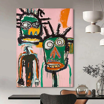 “Dual Tribal Figures on Pink” - Basquiat - Inspired Street Art Painting On Canvas DTP106