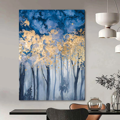 “Blue - Gold Forest Enchantment” - Blue, Gold & Gray Tree - Themed Painting On Canvas DKH0936