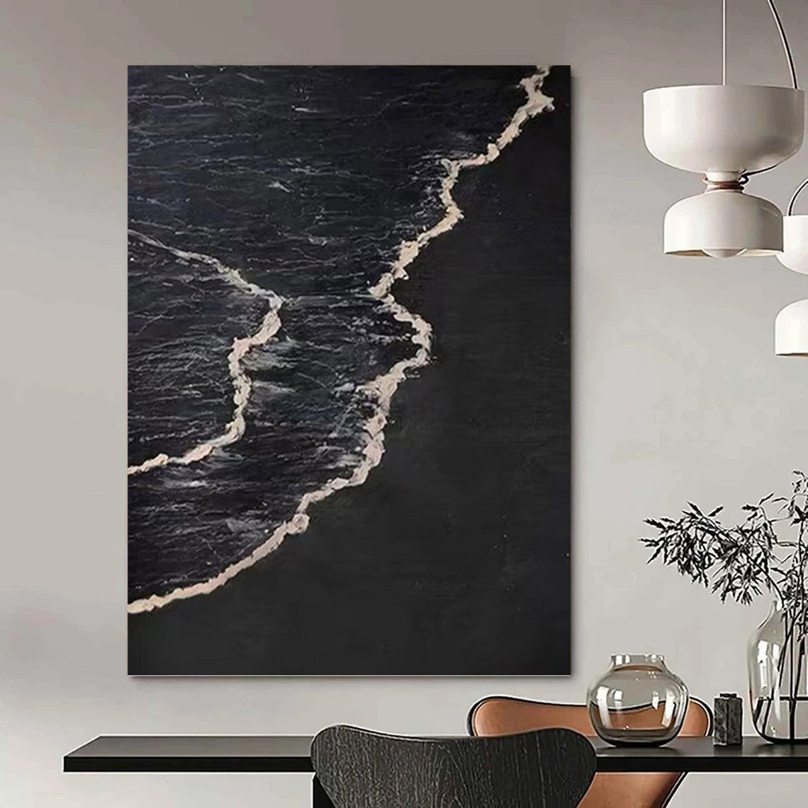 “Black & White Wave Contrast” - Black & White Minimalist Seascape Painting On Canvas DKH0959