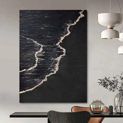 “Black & White Wave Contrast” - Black & White Minimalist Seascape Painting On Canvas DKH0959