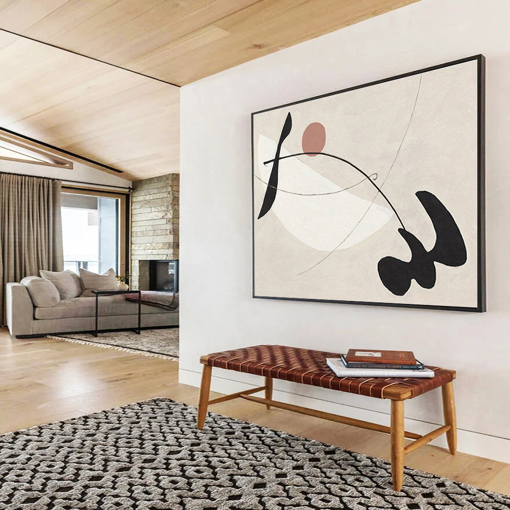 “Curved Shapes in Neutral Tones” - Black, White, Pink Minimalist Abstract Painting On Canvas DKH738