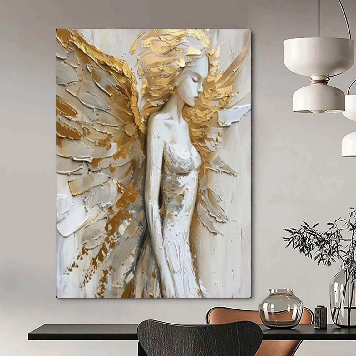 “Golden - Accented Angel Figure” – Textured Religious - Inspired Oil Painting On Canvas CT2138