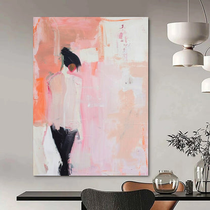 “Minimalist Figure in Pink” - Pink & Black Abstract Figure Painting On Canvas CT2205