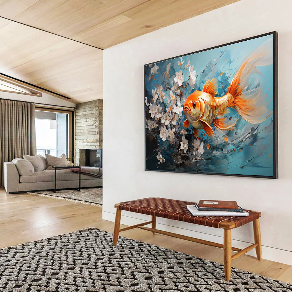 “Goldfish Among White Blossoms” - Blue, Orange, White Realistic Figurative Painting On Canvas DKH764
