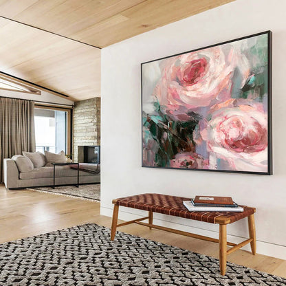 “Blush Rose Impasto” - Pink, White, Green Floral Oil Painting On Canvas DKH724
